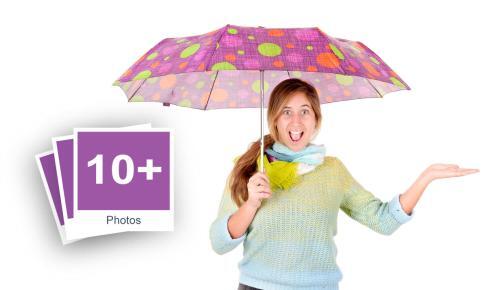 Cheerful Young Girl With Umbrella Stock Photo Pack-0