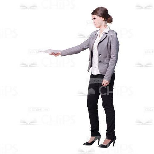Displeased Young Lady Giving Papers Cutout Profile View-0