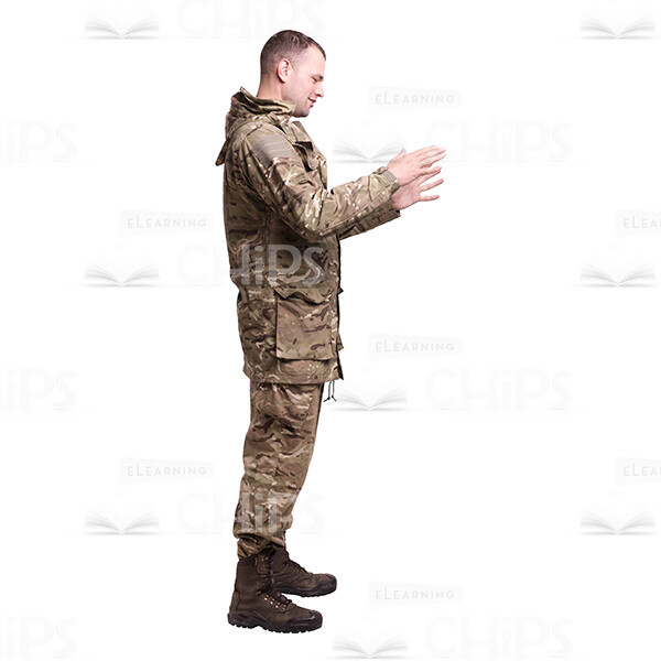 Profile View Smiling Gesticulating Young Soldier In The Camouflage Cutout Photo-0