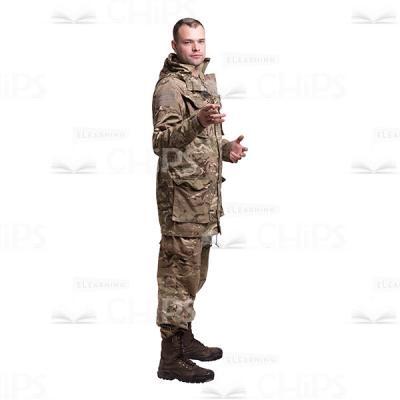 Profile View Calm Gesticulating Young Soldier In The Camouflage Cutout Photo-0