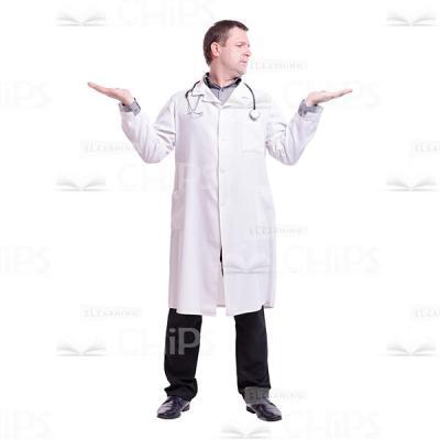 Both Hands With Palms Up Standing Doctor Looking Right Cutout Photo-0