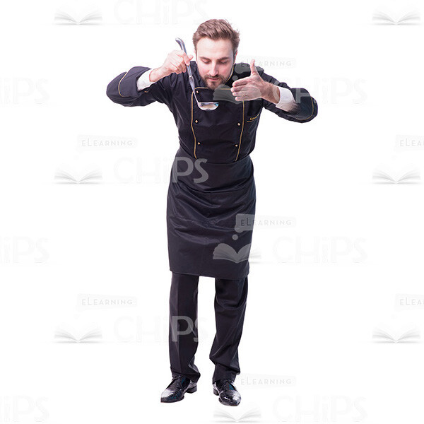 Bearded Chef Sniffing Dish In Kitchen Spoon Cutout Photo-0