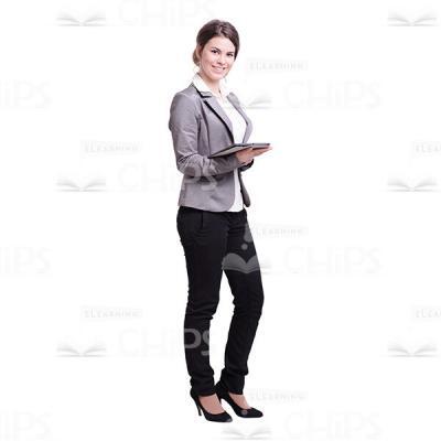 Smiling Female Narrator Holding Tablet Cutout Image-0