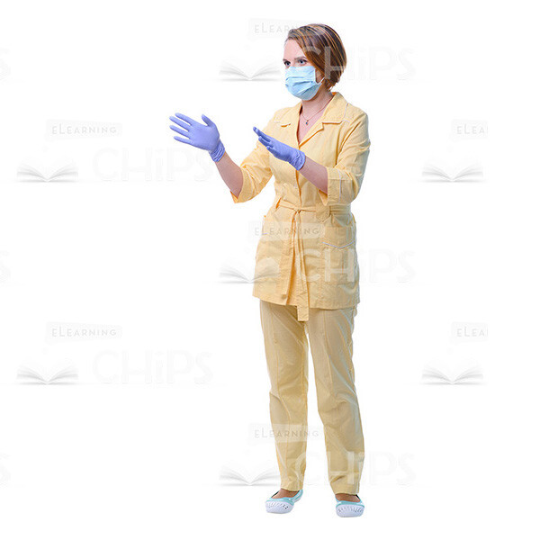 Cutout Photo Of Half-Turned Physician In Medical Gloves And Mask Raising Both Hands-0