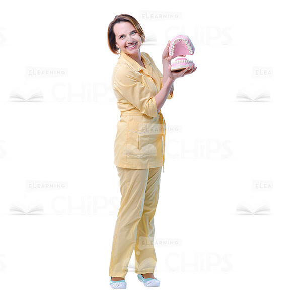 Smiling Woman Holding Dental Jaw Model Cutout Image-0