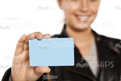 Close Up Photo Of Young Woman Holding Card Sample-0