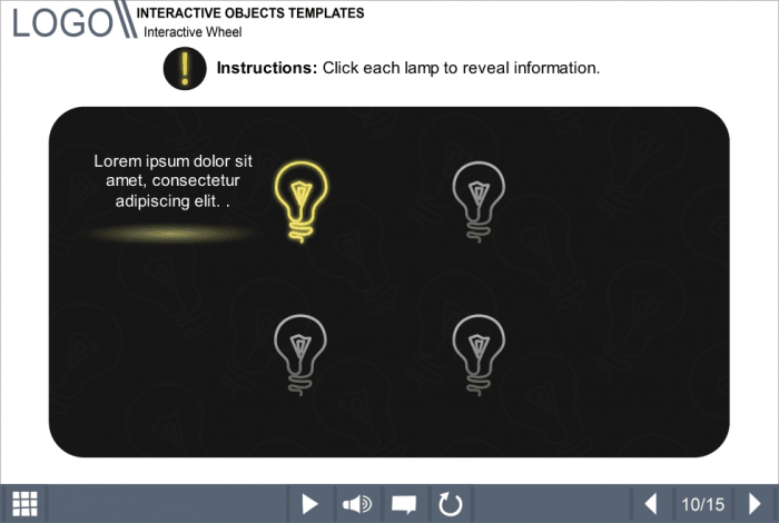 Four Clickable Bulbs On Black Background — Articulate Storyline e-Learning Templates