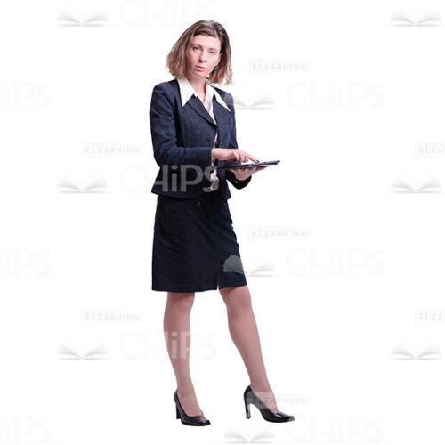 Half-Turned Woman Pointing At Tablet's Screen Cutout Photo-0