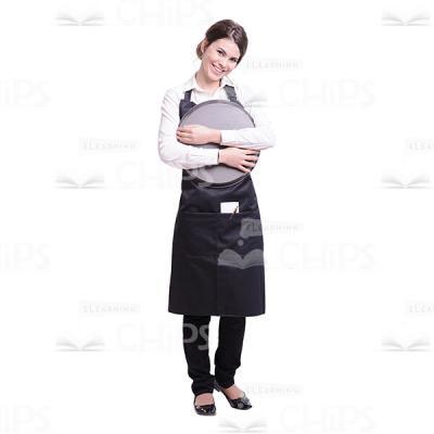 Cute Young Waitress Holding Tray At Chest Level Cutout-0