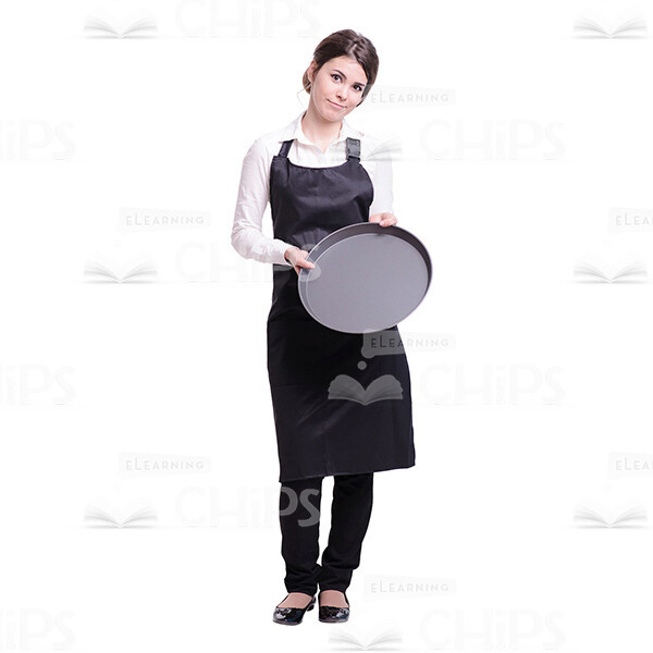 Cutout Picture Of Smiling Waitress Holds Tray With Both Hands-0