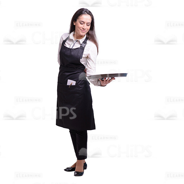 Half-Turned Waitress Presenting Empty Tray Cutout Photo-0