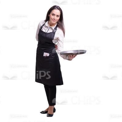 Glad Young Girl With Round Tray Presenting Gesture Cutout Photo-0