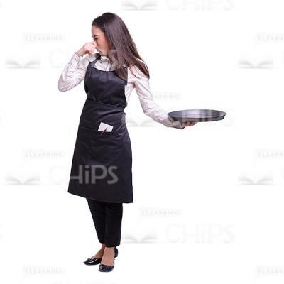 Cutout Image Of Indignant Waitress With Round Tray Covering Nose -0