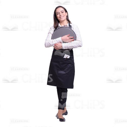 Cheerful Waitress Holding Round Tray With Both Hands Cutout-0