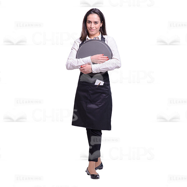 Good-Looking Waitress Holding Round Tray With Both Hands Cutout Image-0