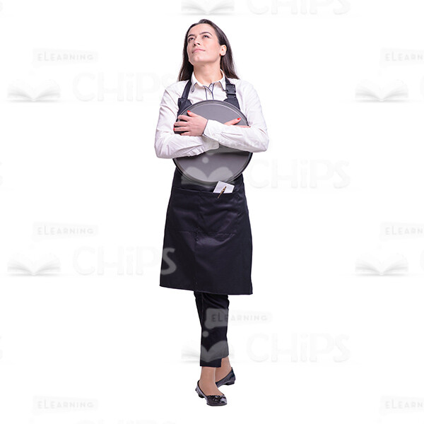 Pensive Waitress With Round Tray Looking Upwards Cutout Picture-0