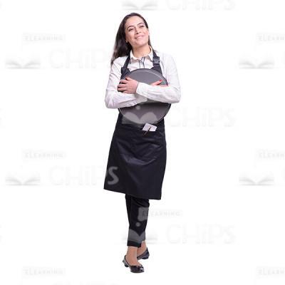 Pleased Waitress Holding Round Tray At Her Chest Cutout-0