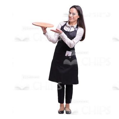 Cheerful Young Waitress Presenting Wooden Plate Cutout Picture-0