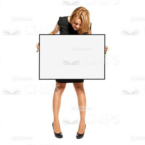 Attractive Young Lady Presenting White Poster With Black Frame Cutout-0