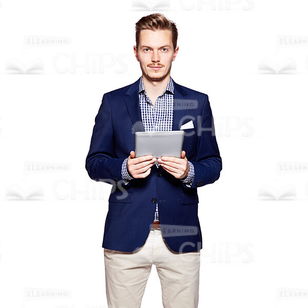 Cutout Picture of Serious Young Man in Dark Blue Suit Holding a Tablet-0