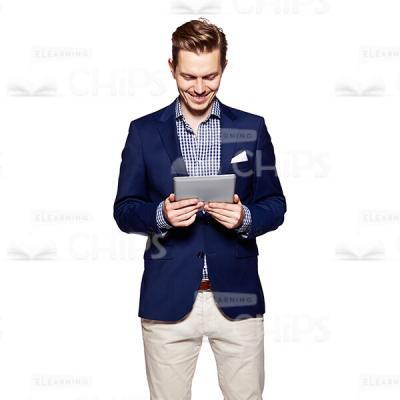 Cutout Picture of Smiling Young Man in Dark Blue Suit Reading Something at the Tablet-0