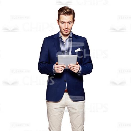 Cutout Picture of Astonished Young Man in Dark Blue Suit Reading Something on Tablet-0