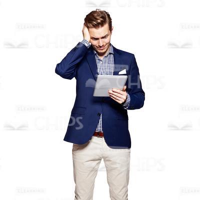 Cutout Picture of Puzzled Young Man in Dark Blue Suit with a Tablet-0