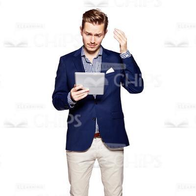Cutout Picture of Sad Young Man in Dark Blue Suit Holding a Tablet-0