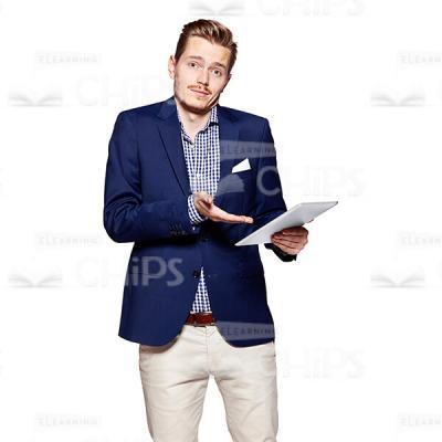 Cutout Image of Handsome Young Man in Dark Blue Suit Pointing at the Tablet-0