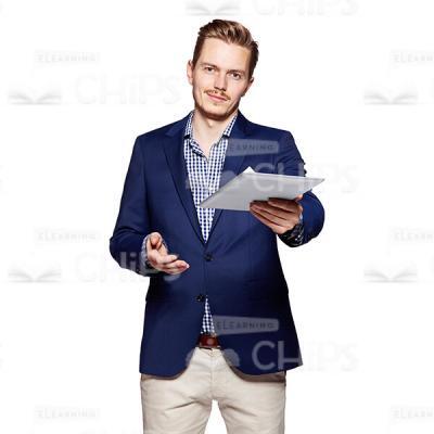 Cutout Image of Handsome Young Man in Dark Blue Suit Tucking Extending the Tablet-0