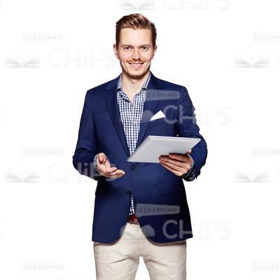 Cutout Image of Smiling Young Man in Dark Blue Suit Holding the Tablet-0