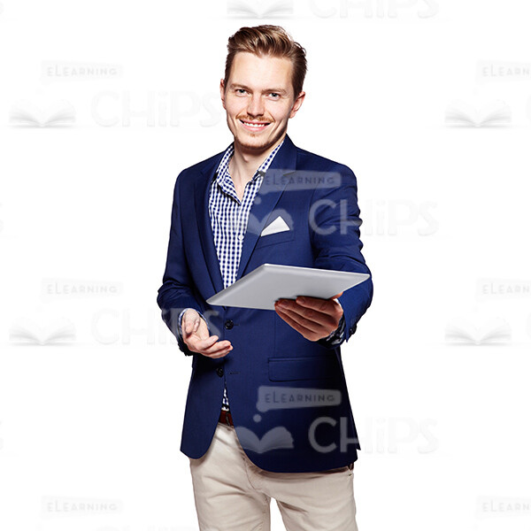Cutout Image of Smiling Young Man in Dark Blue Suit Standing Half-Turned and Presenting the Tablet-0