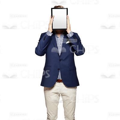 Cutout Character of Young Man in Dark Blue Suit Hiding His Head behind the Tablet-0