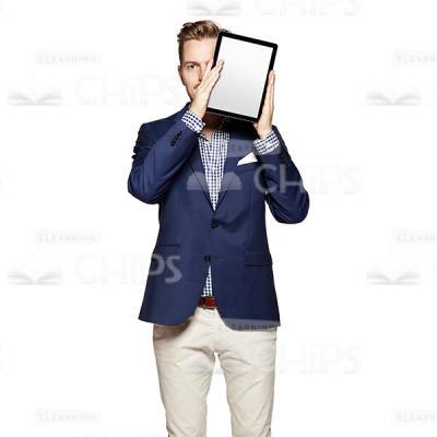Cutout Character of Young Man in Dark Blue Suit Looking From Behind the Tablet-0