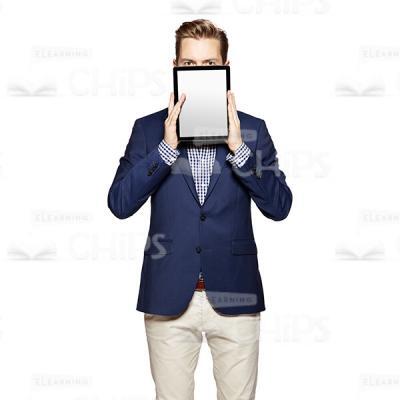 Cutout Character of Young Man in Dark Blue Suit Peeping From Behind the Tablet-0