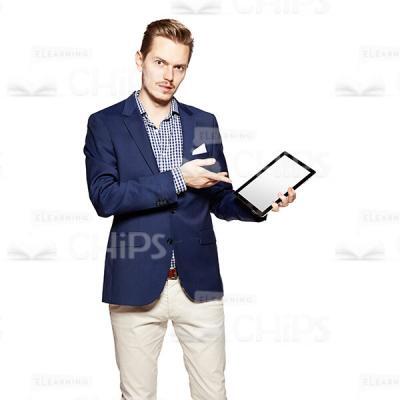 Cutout Image of Handsome Young Man in Dark Blue Suit Showing Something at Tablet-0