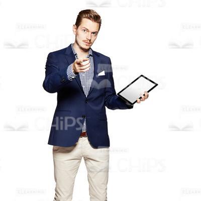 Cutout Character of Handsome Young Man in Dark Blue Suit Holding a Tablet and Pointing at the Camera-0