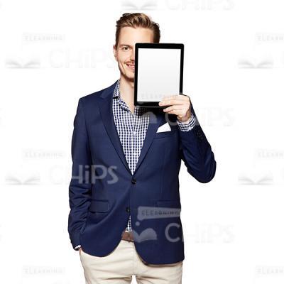 Cutout Character of a Smiling Young Man in Dark Blue Suit Hiding a Half of His Face behind the Tablet-0