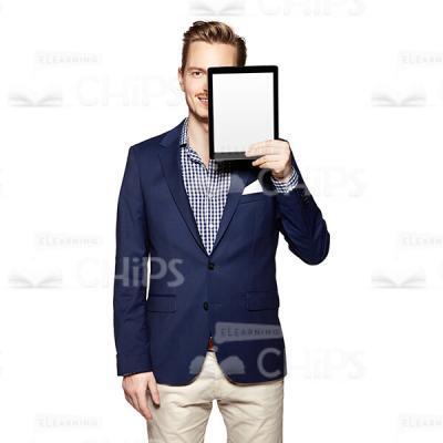 Cutout Character of a Smiling Young Man in Dark Blue Suit Covering His Face with the Tablet-0