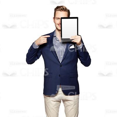 Cutout Photo of a Smiling Young Man in Dark Blue Suit Covering His Face with the Tablet and Gesticulating-0