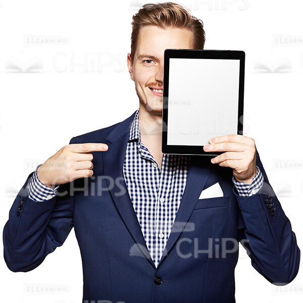 Cutout Photo of a Smiling Young Man in Dark Blue Suit Covering Half of His Face with the Tablet -0