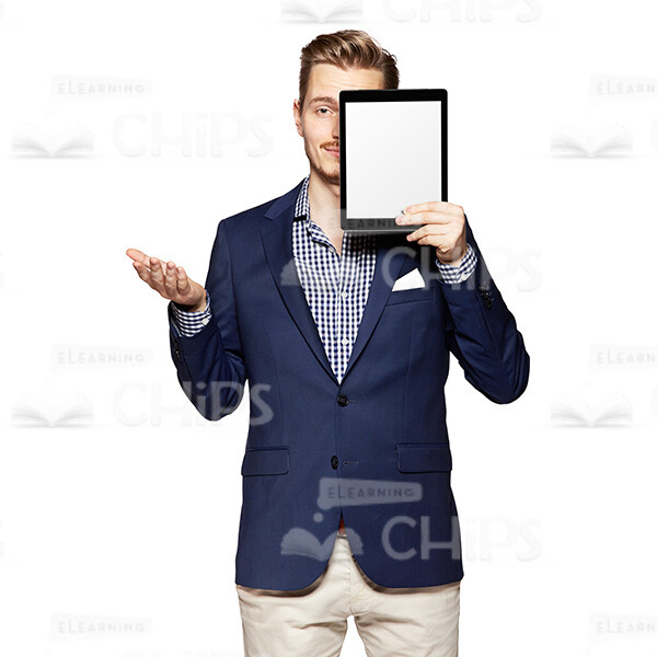 Cutout Photo of a Smiling Young Man in Dark Blue Suit Hiding Behind the Tablet and Gesticulating-0