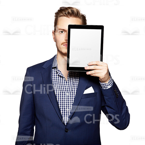 Cutout Photo of a Strict Young Man in Dark Blue Suit Hiding Behind the Tablet-0 Cutout Photo of a Strict Young Man in Dark Blue Suit Hiding Behind the Tablet-0