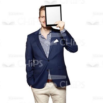 Cutout Photo of a Smiling Young Man in Dark Blue Suit Hiding Half of the Face behind the Tablet -0
