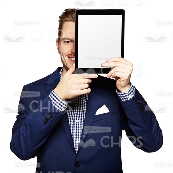 Cutout Picture of Young Smiling Man with a Tablet Near Face-0