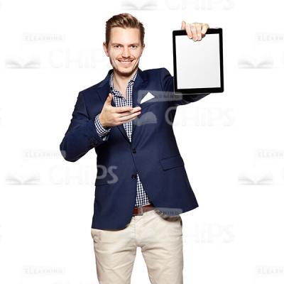 Friendly Businessman Presenting And Pointing At Tablet Cutout Photo-0