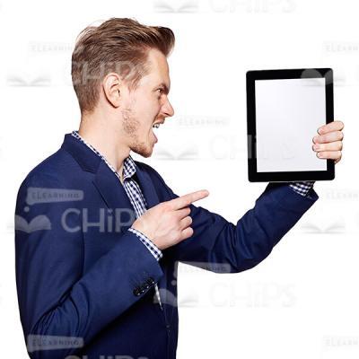 Profile View Standing Shouting Young Man Presenting Tablet Cutout Photo-0