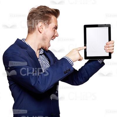 Profile View Standing Aggressively Shouting Young Man Presenting Tablet Cutout Photo-0