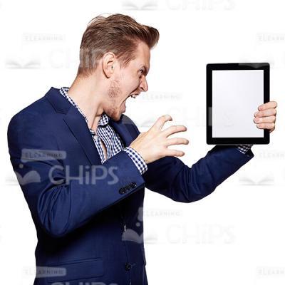 Profile View Standing Angry Shouting Young Man Presenting Tablet Cutout Photo-0