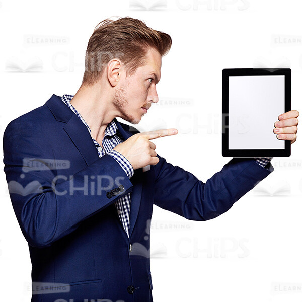 Profile View Standing Young Man Presenting And Angry Pointing At Tablet Cutout Photo-0 Profile View Standing Young Man Presenting And Angry Pointing At Tablet Cutout Photo-0
